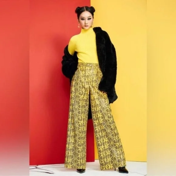 Alice & Olivia Women’s Snakeprint Wide Leg Pants New Yellow Black Size 2